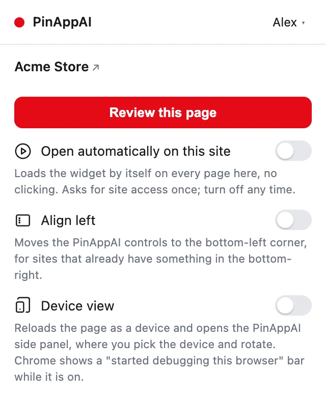 Pick a project in the popup, then drop pins right on the page you are looking at.